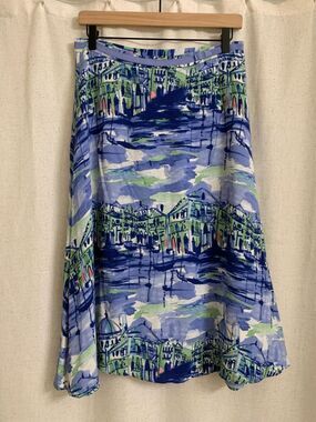 Liz Claiborne Cupro Coastal Seaport A line Printed Midi Skirt Seaside City 10